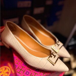 Tory Burch Cream Loafers with Gold Buckle